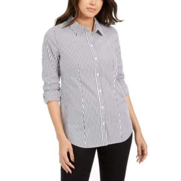 Charter Club Black & White Striped Button Down Tailored Shirt Women's Size 14 - Picture 1 of 10